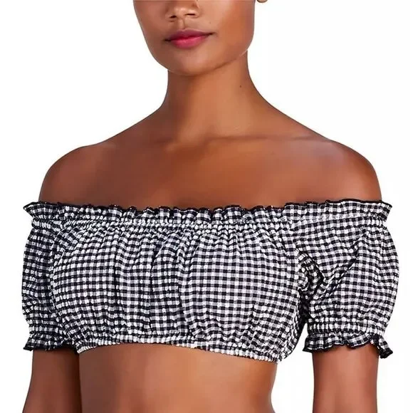 Kate Spade Black White Off-The-Shoulder Check-Print Bikini Top Size S swimsuit